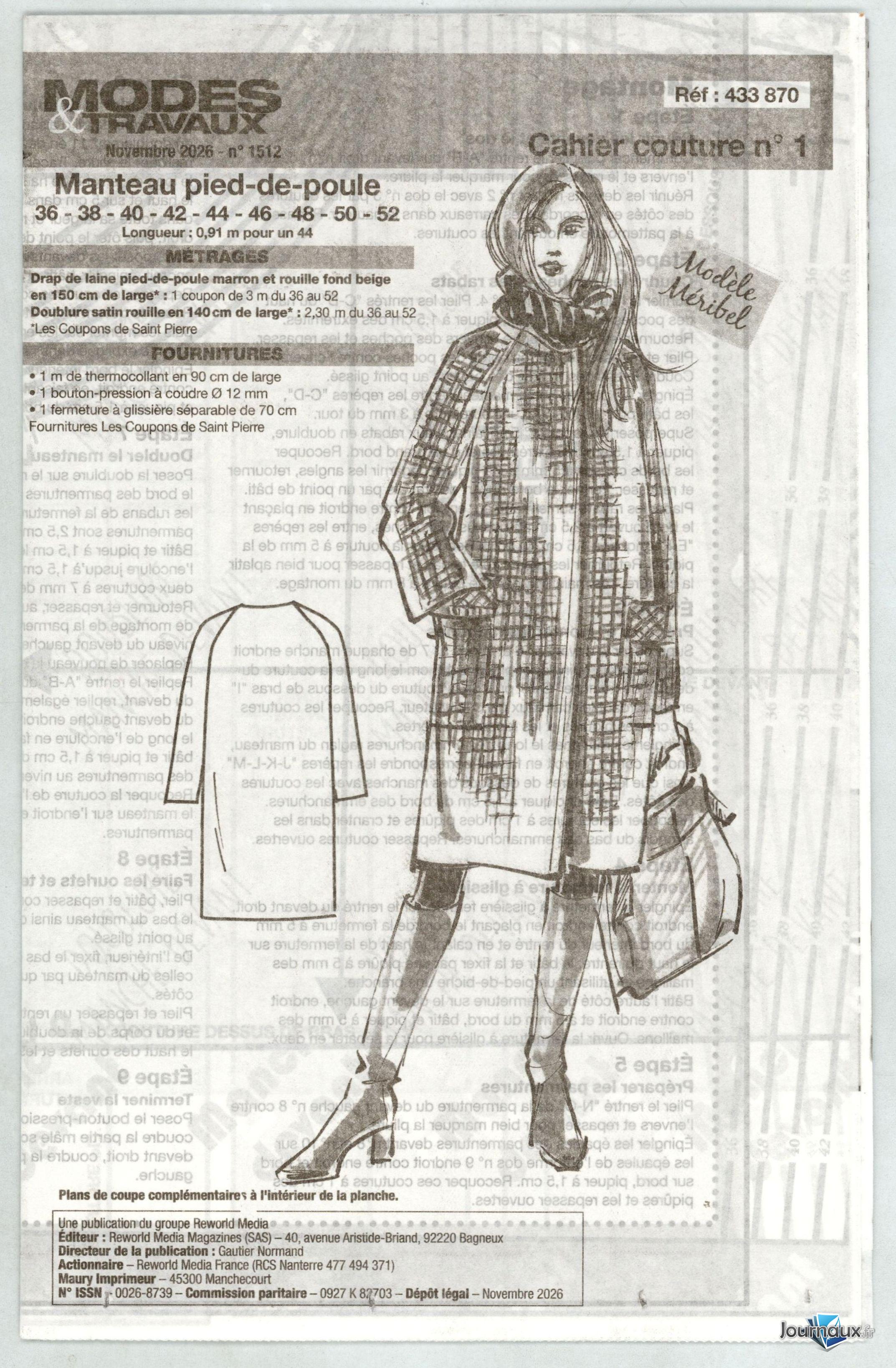 Modes & Travaux + 2 Patrons Couture n° 1512 2026-10-02